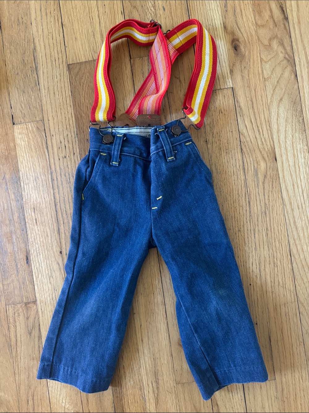 Levi’s Kids vintage Blue Denim Pants with Red Striped Suspenders 2t